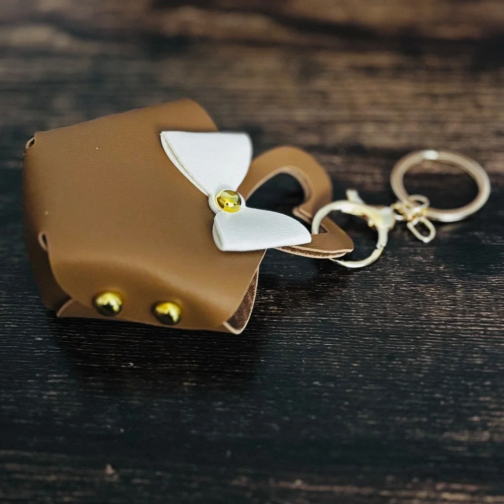 Brown Faux Leather Mini Tote Bag Keychain Charm with White Bow and Gold Studs